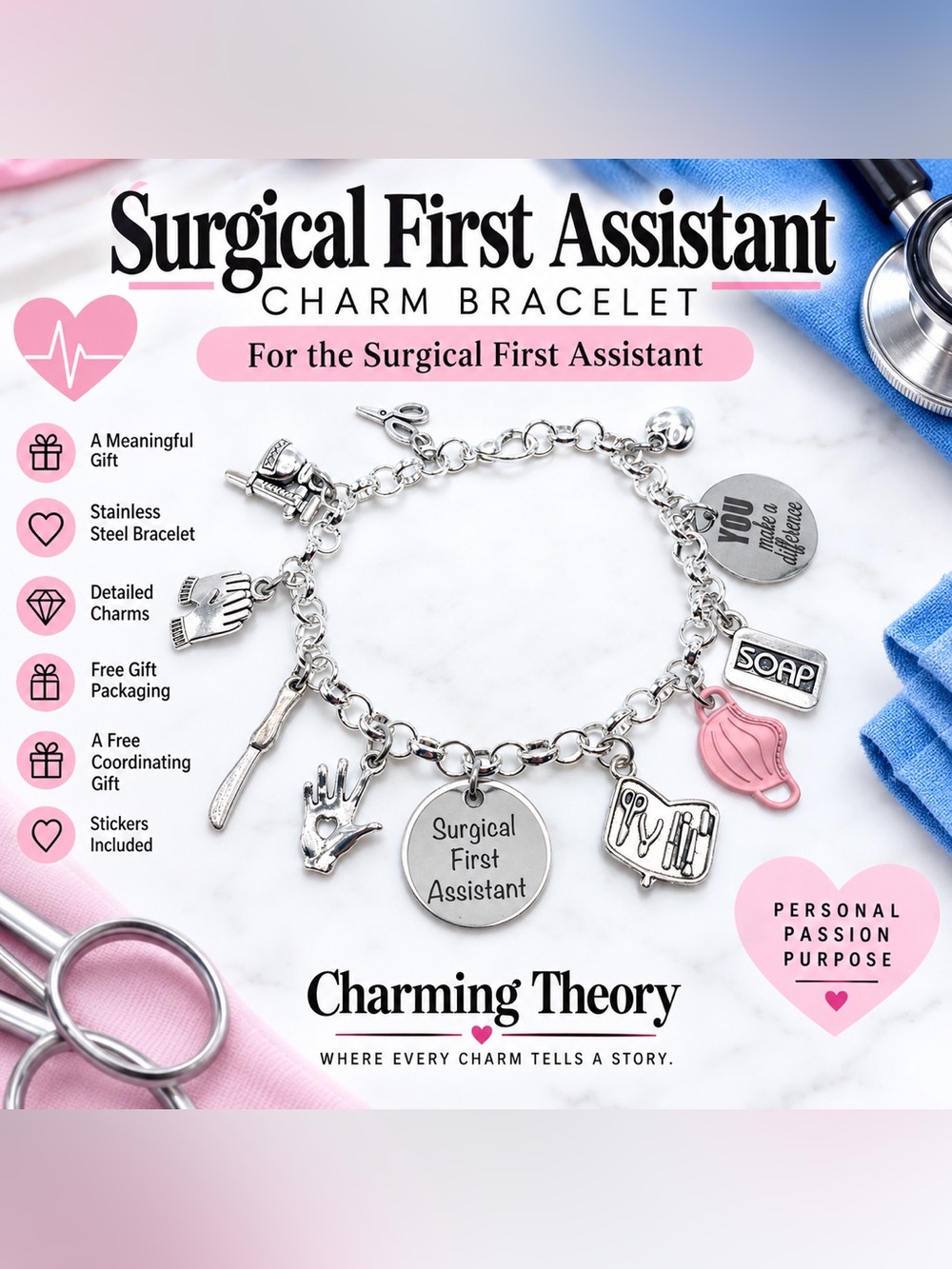 Surgical First Assistant Charm Bracelet Medical Surgery CSFA Gift